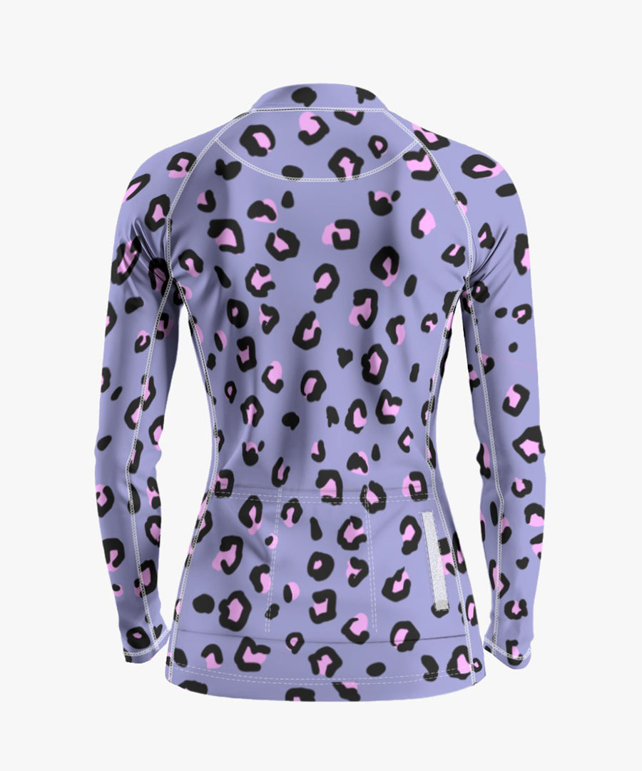 Women's Purple Leopard Printed Cycling Jersey With Long Sleeve