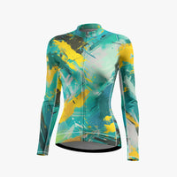 Collision Brush Series - Women's Green Printed Cycling Jersey With Long Sleeve