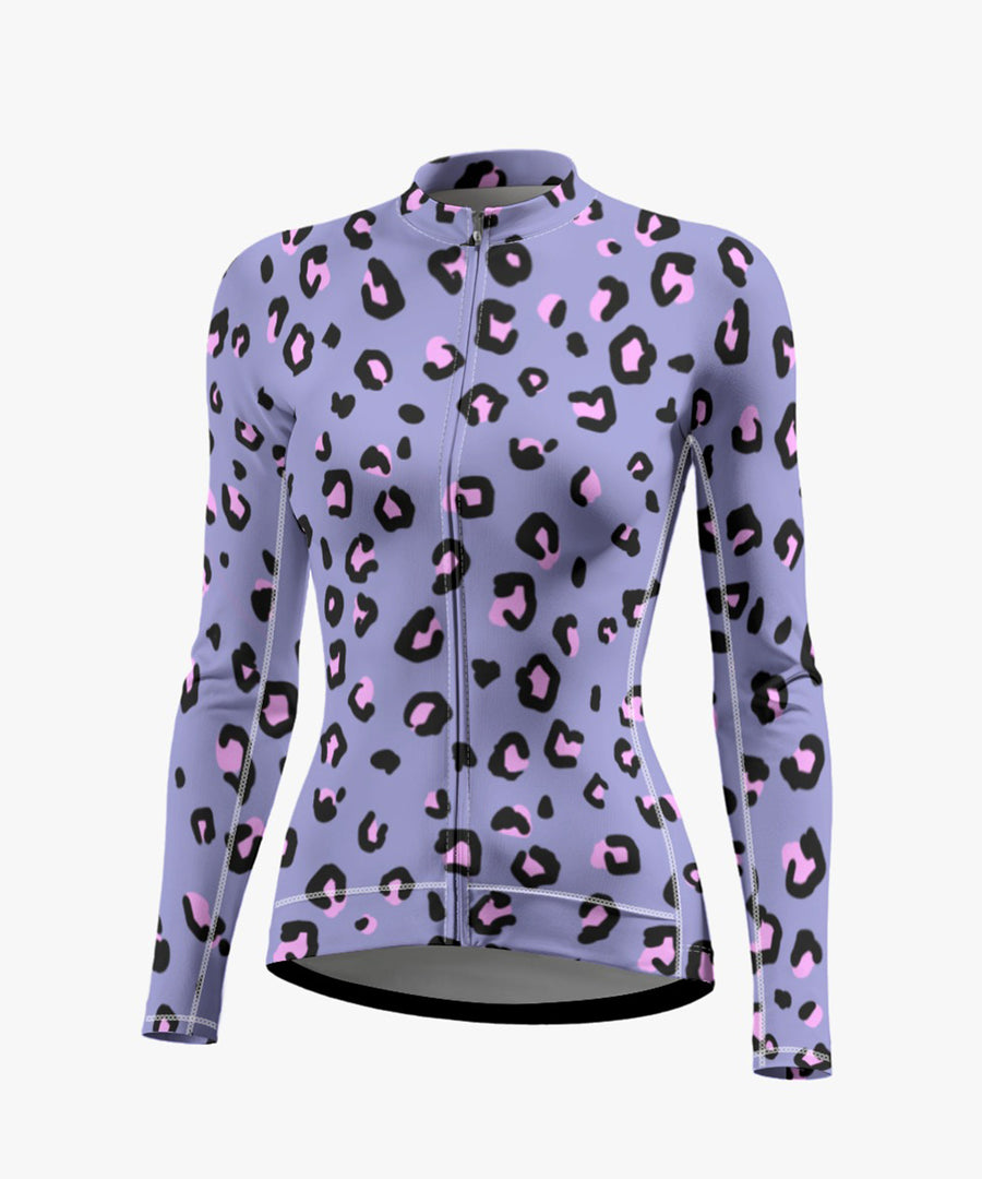 Women's Purple Leopard Printed Cycling Jersey With Long Sleeve